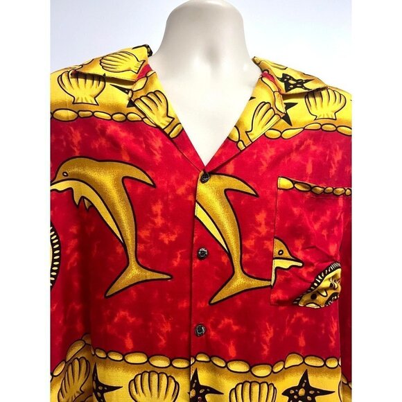 Mens Vintage Red Gold Dolphins Button Front Shirt XL Pocket Seashells Starfish - Picture 4 of 6